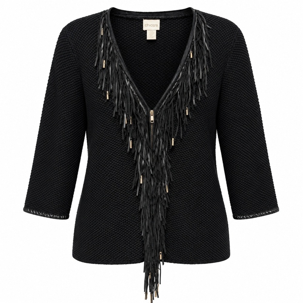Chicos Size 2 Western Fringe Cardigan Women Large Goth Rocker Edgy Moto Biker